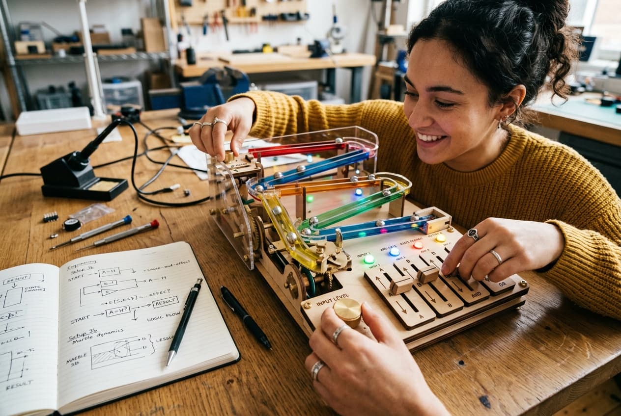 A smiling learner adjusting mechanical slider faders and logic gates on an interactive marble experiment station