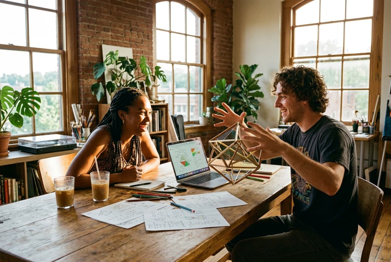 Two friends in a sunlit loft workspace discussing and smiling over a 3D geometric model and diagrams