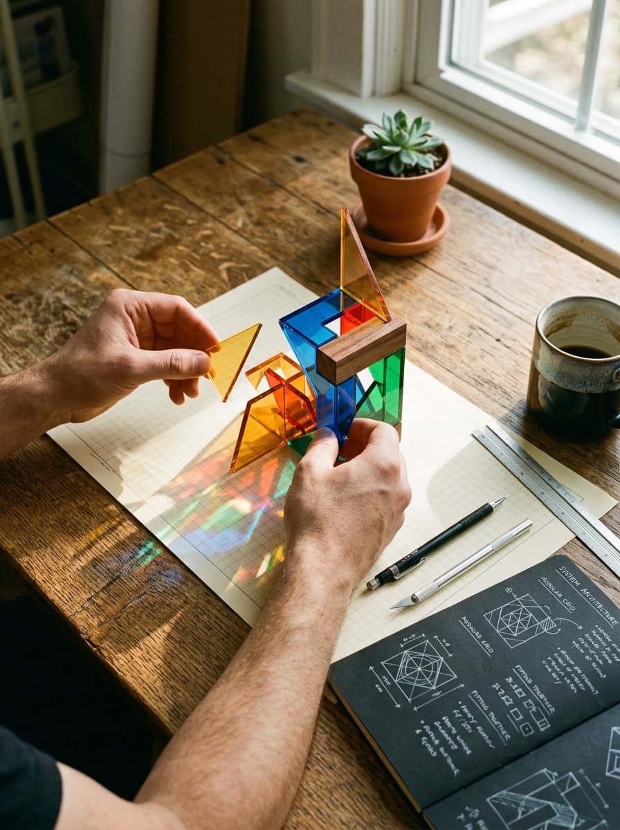 Hands assembling interlocking translucent colored acrylic shapes and hardwood blocks on drafting grid paper