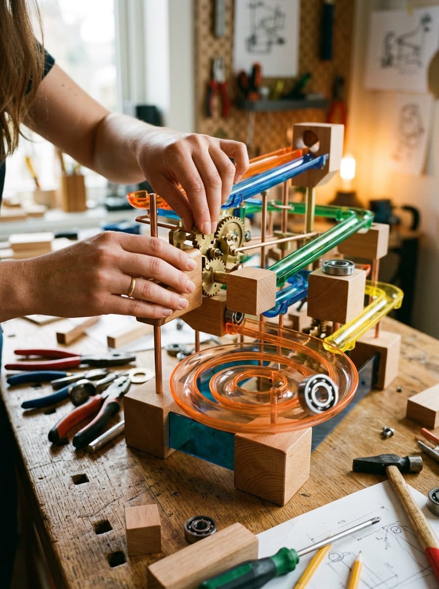Hands guiding a steel bearing into an intricate colorful kinetic marble run on a wooden workbench
