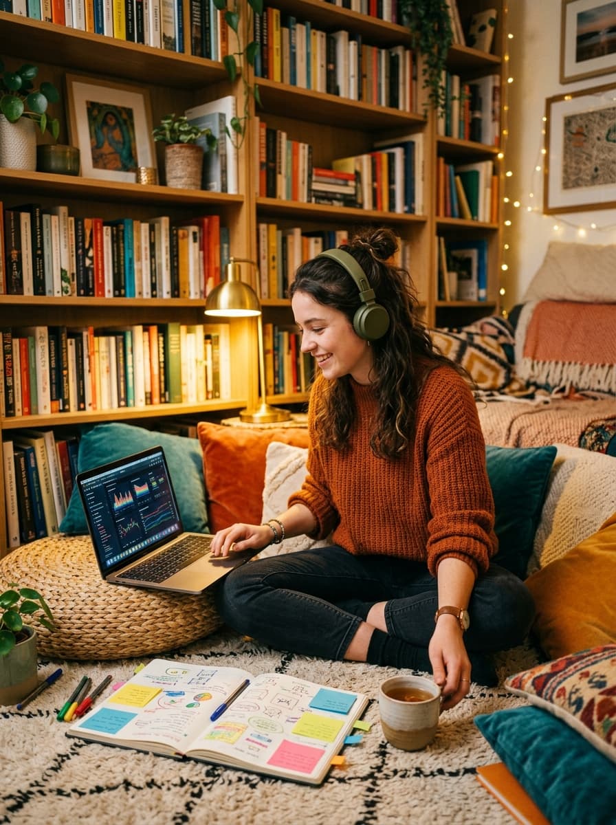 A learner curled up comfortably with headphones and a laptop showing an interactive visual simulation beside full bookshelves