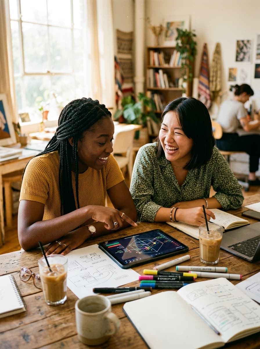 Two friends laughing and excitedly pointing at an interactive 3D model on a tablet in a sunlit studio